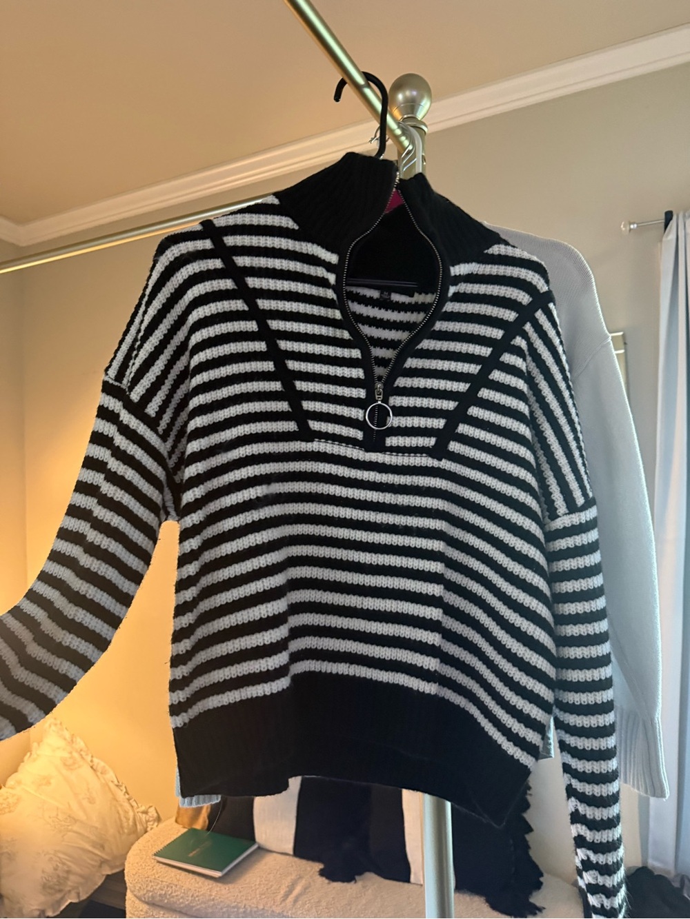 Striped Half-Zip Cowl Sweater in Black and White